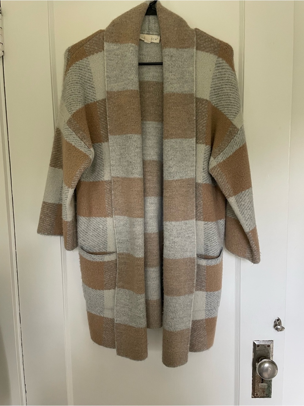 lovestitch Open-Front Striped Cardigan - Camel & Light Gray